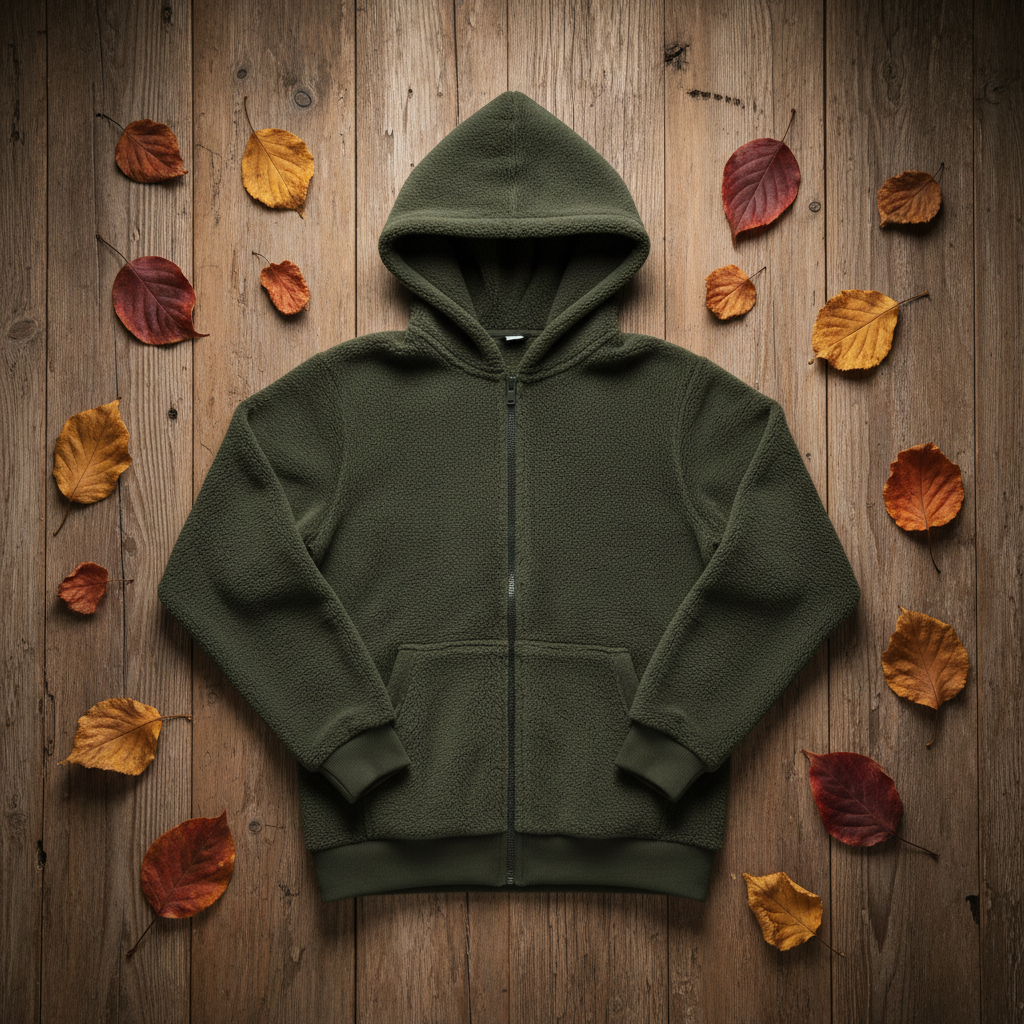 12:27 Outfitters Fleece Hoodie flat lay on rustic wood with autumn leaves